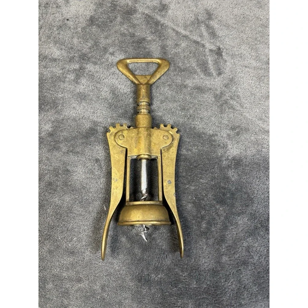 Vintage Solid Brass Winged Corkscrew Wine Bottle Opener Bar Tool Made in Italy